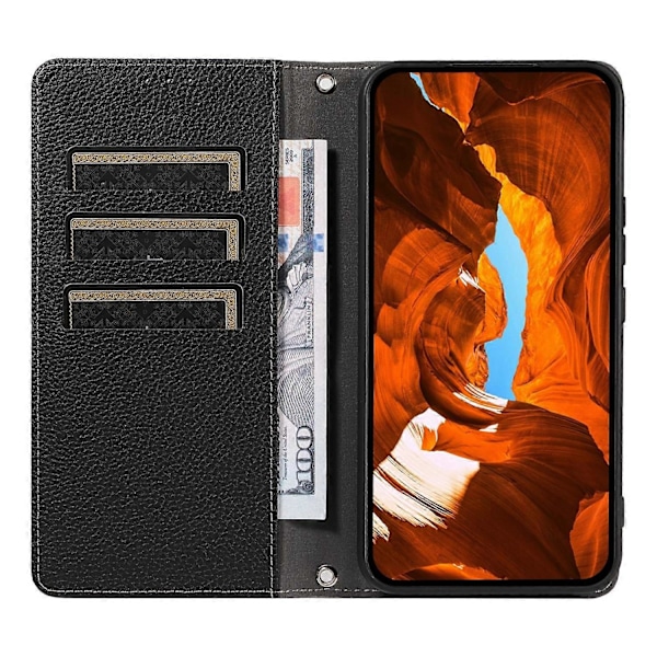 Til Samsung Galaxy A56 5G Etui Magnetisk Litchi Tekstur Tegnebog Læder Telefon Cover med Håndledsrem Multicolor Black