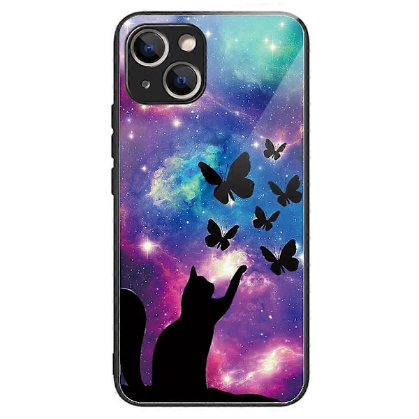 Telefoncover til iPhone 15 med mønsterdesign, ridsefast bagside af hærdet glas Multicolor Cat and Butterflies