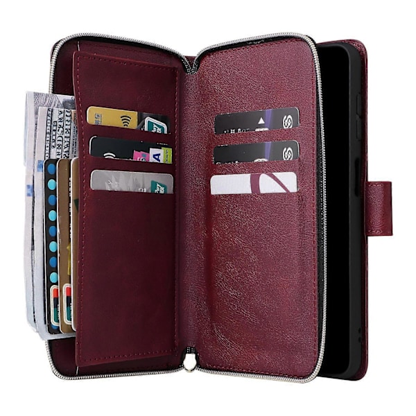 Til Samsung Galaxy A15 4G/A15 5G Læder Etui med 9 Kortlommer og Håndledsrem Multicolor Wine Red