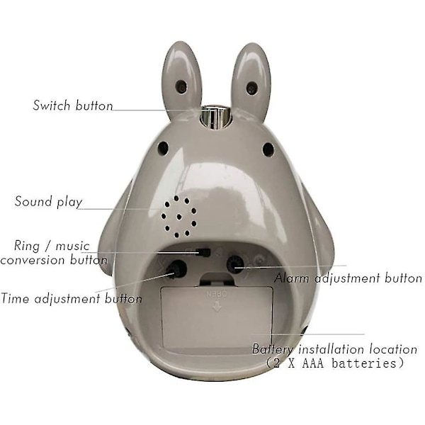 Wekity Totoro-teemalla, torkkutoiminto, hiljainen ja LED-yövalokello, paras lahja lapsille, teineille ja ystäville, harmaa