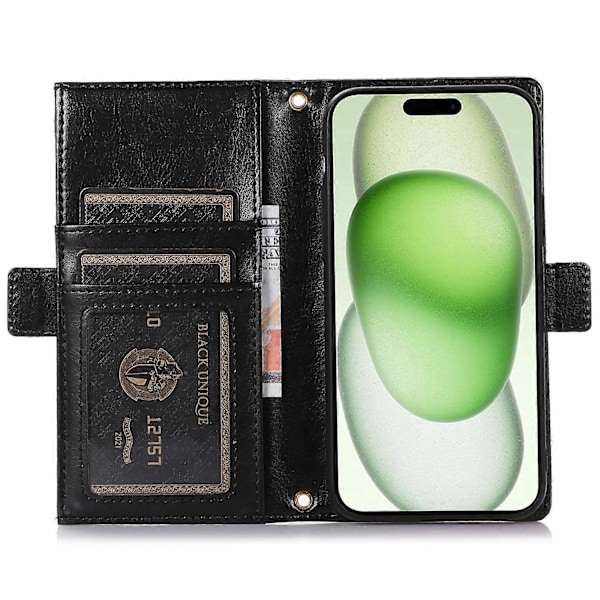 Fodral till iPhone 15 Plus med dragkedjeficka, PU-läder med litchistruktur och rem Multicolor Style E