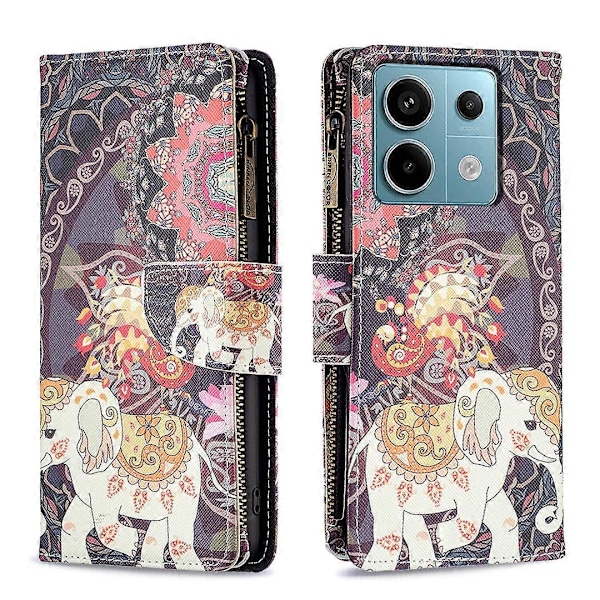 BF03 Lynlåspung i PU-læder med mønstertryk til Xiaomi Redmi Note 13 Pro 5G/Poco X6 5G Multicolor Flowers and Elephant