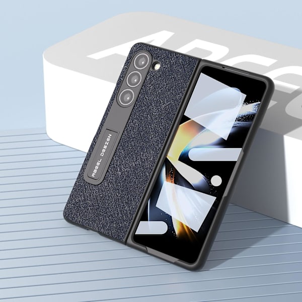 För Samsung Galaxy Z Fold5 5g Kickstand Vikbart phone case Cross Texture Kohud Läder+PC cover Blue