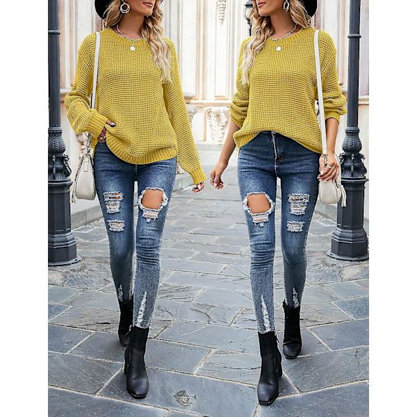 Dam 2023 Höst Casual Höst Våffelstickad tröja Lång ballongärmad lös tröja Mustard X-Large