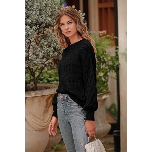Dame 2023 Vinter Pullover Sweater Afslappet Langærmet Rund Hals Løs Tyk Strikket Jumper Toppe Bluse Black Medium
