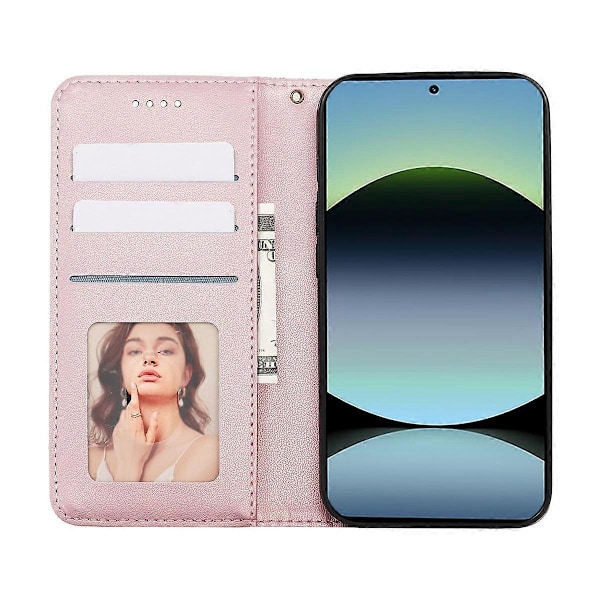 Plånboksfodral för Xiaomi Redmi Note 14 4G, Stark Magnetisk Rutigt Mönster Präglat Läder Flip Multicolor Rose Gold