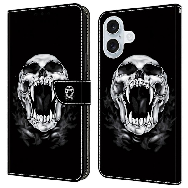 För iPhone 16 Skal Mönstertryckt Skyddande Läder Flip Fodral - Panda Multicolor Skull