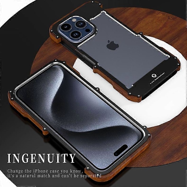R-JUST Bumper Cover til iPhone 15 Plus Træ+Aluminium Legering Ramme Beskyttende Telefon Cover
