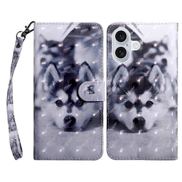 Skal till iPhone 16 Plus med Ställ, Mönstertryck, Läderfodral - Stående Katt Multicolor Husky