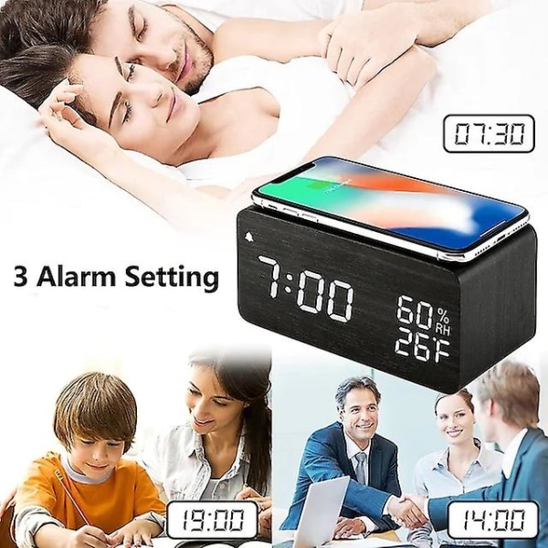 Digitalt Vækkeur i Træ med Trådløs Opladning, 3 Alarmer, LED-Display, Lydkontrol og Snooze, Kompatibelt med Soveværelse og Kontor