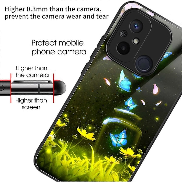Telefoncover til Xiaomi Redmi 12C 4G, resistent TPU+hærdet glas, mønsterdesign Multicolor Bottle Butterfly