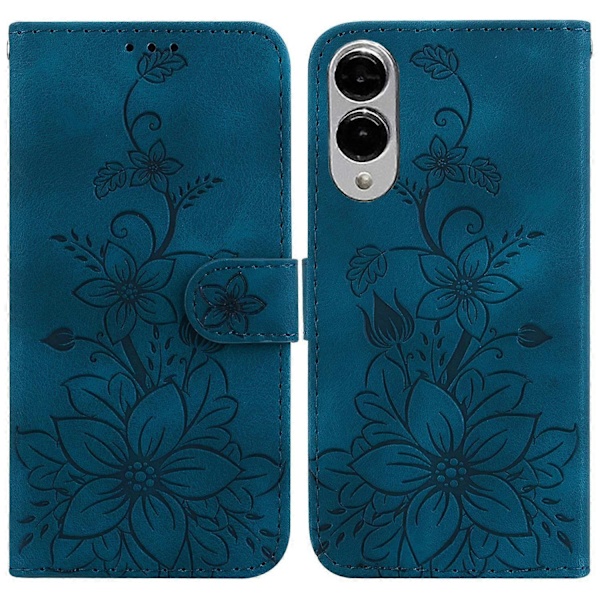 Til Samsung Galaxy S25 Edge Etui Lily Blomst Præget Læder Telefon Cover med Støttefod Multicolor Dark Blue