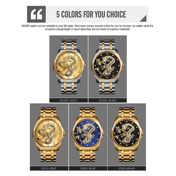 Skmei 9193 Men Golden Dragon Pattern Dial Quartz Watch Gold