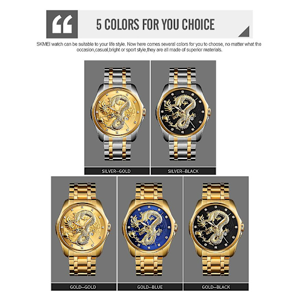 Skmei 9193 Men Golden Dragon Pattern Dial Quartz Watch Silver Gold