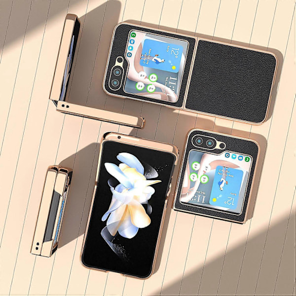 För Samsung Galaxy Z Flip5 5G Mobilskal Äkta Koläder+PC Nano Elektroplätering Skydd Multicolor Style A