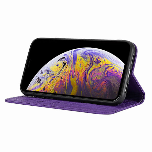 Auto-absorbert vevd tekstur lommebok stativ skinnetui med praktisk stropp for iPhone 11 6.1 tommer
