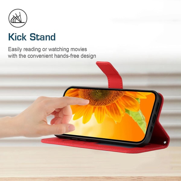 Til Samsung Galaxy A22 5g (EU Version) Ht04 Præget Solsikke Pu Læder Smartphone Cover Stativ Stødsikker Hud-venlig Telefon Wallet Etui Med Skulderrem Red