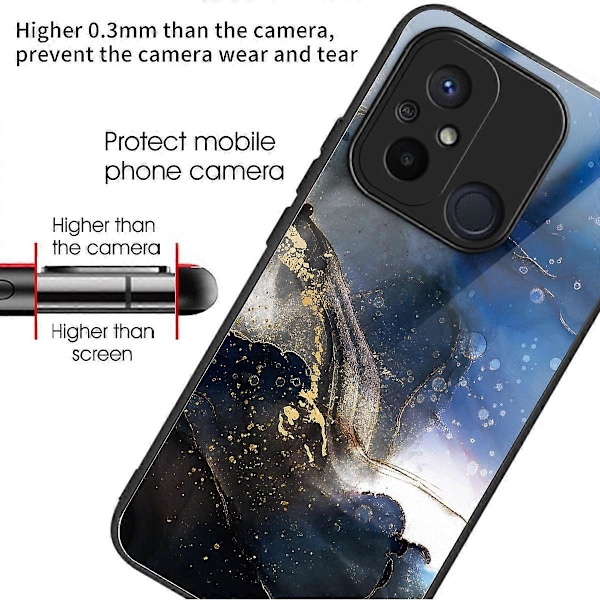 Telefoncover til Xiaomi Redmi 12C 4G, resistent TPU+hærdet glas, mønsterdesign Multicolor Gilded Black Blue