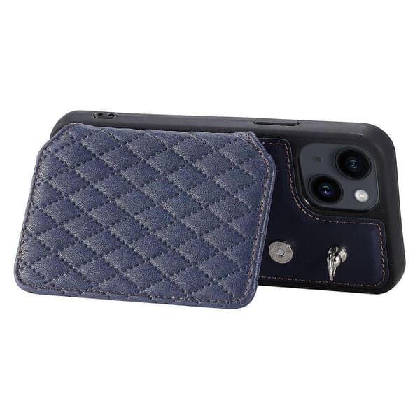 Stil 008 For iPhone 15 Plus RFID-blokkerende støtsikkert deksel PU+TPU telefondeksel med stropper Multicolor Style E
