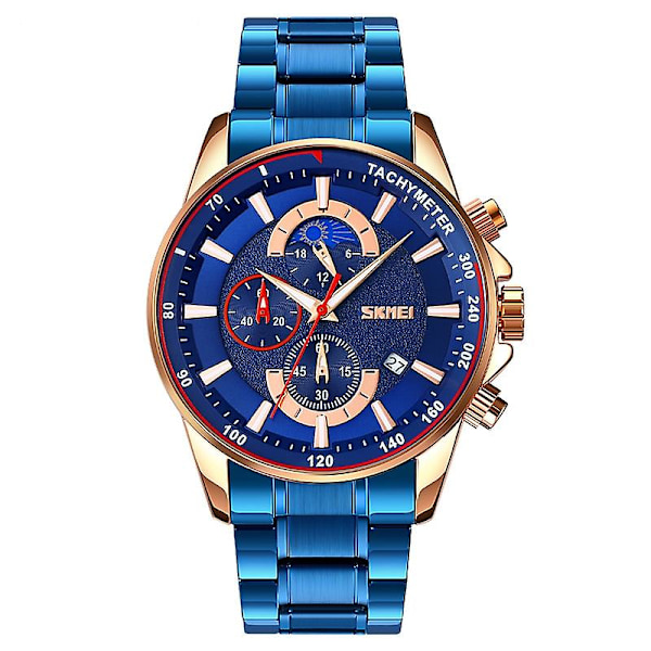 Skmei 9250 Men Moonphase Stoppur Date Quartz Watch Gold Blue Gold Blue