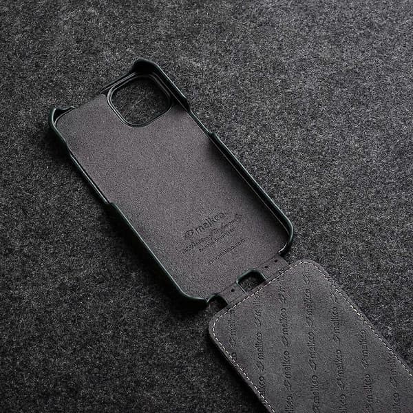 MELKCO Deksel til iPhone 15 Plus Vertikal Flip Ekte Kuskinn + PC Støtsikkert Deksel Multicolor Style B