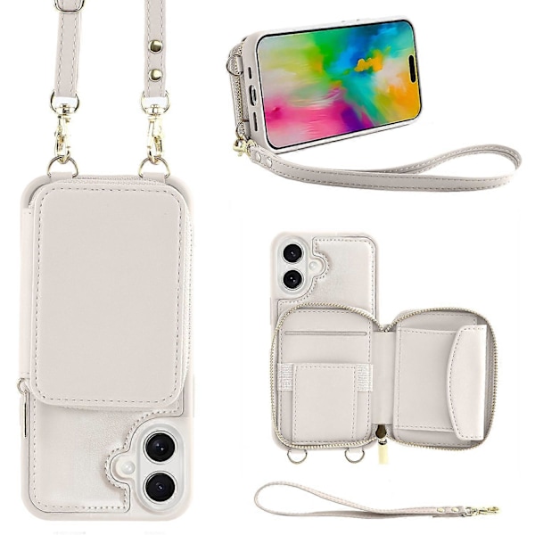 Til iPhone 16 Plus Cover RFID Blokerende Lynlås Pung Læder Telefon Cover med Stropper - Rosaguld Multicolor White