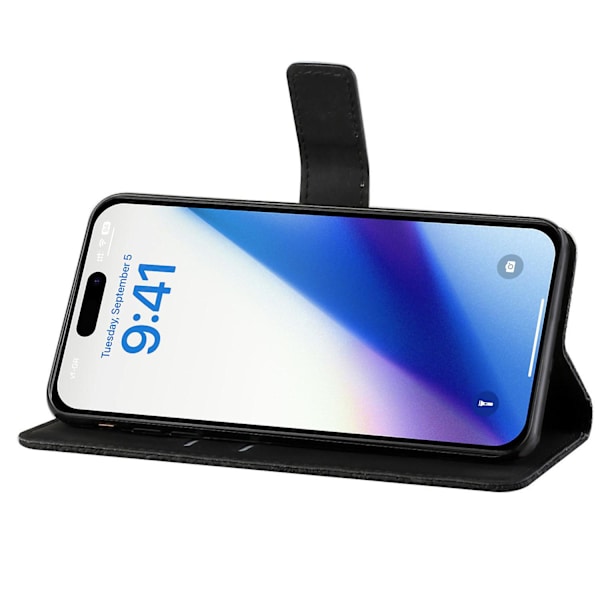 Læder Wallet Case til iPhone 15 Pro, Præget Blomster Folio Flip Stand Telefon Cover Black