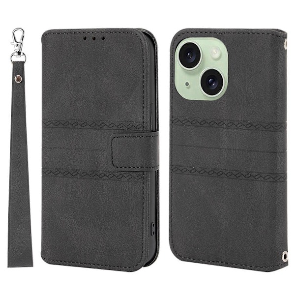 För iPhone 15 Plus Skal Präglat PU Läder Plånbok Anti-fall Telefonskydd med Rem Multicolor Style B