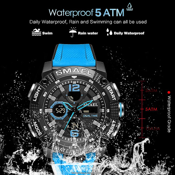 Smael Dual Time Led Display Digital watch För män Vattentät Simning Quartz Sportklockor Auto Date Alarm Clock Armbandsur 8039 Khaki-Box