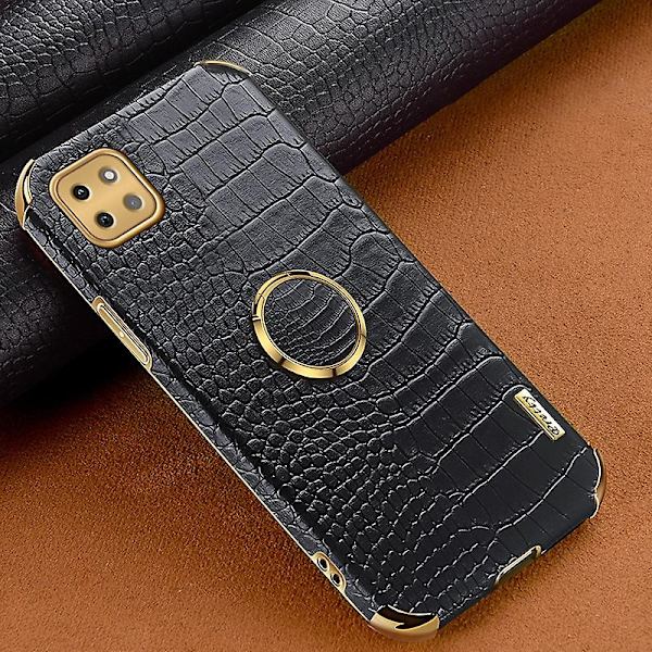 För Samsung Galaxy A22 5g (eu-version) Crocodile Texture Pu-läderbelagd TPU- case Galvaniseringsring Kickstand Cover Black