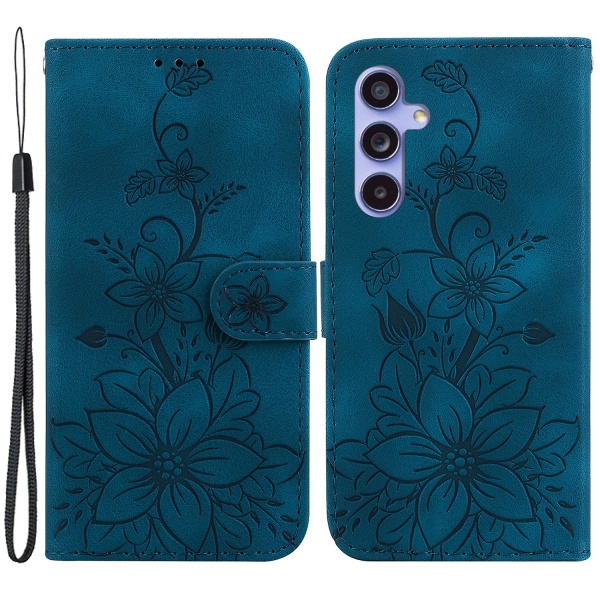 För Samsung Galaxy S23 Fe Imprinted Lily Flower Smartphone Case Pu Läder Stativ cover Dark Blue