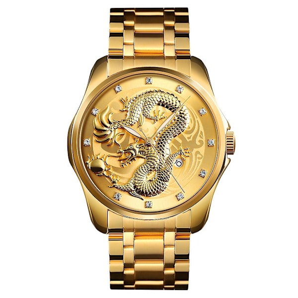 Skmei 9193 Men Golden Dragon Pattern Dial Quartz Watch Gold