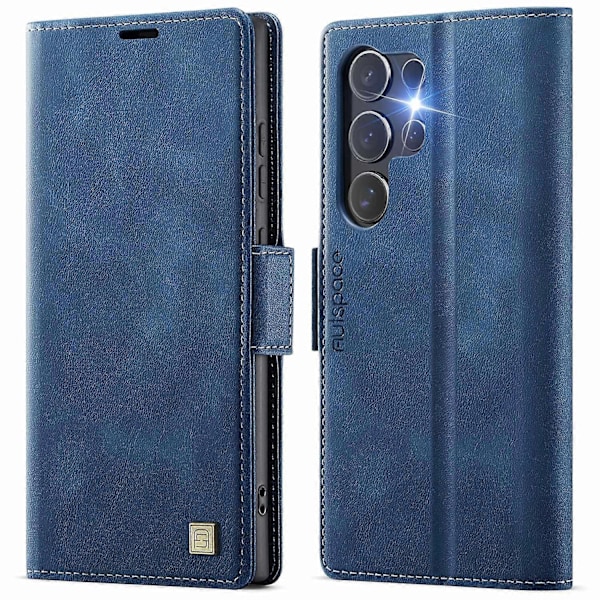 Til Samsung Galaxy S23 Ultra Case AUTSPACE A11 RFID-blokerende Retro Læder Mobiltelefon Wallet Cover Multicolor Blue