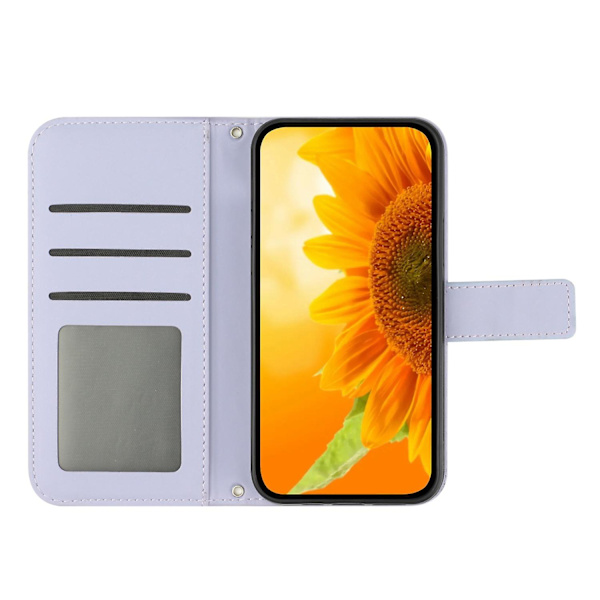 Til Samsung Galaxy A22 5g (EU Version) Ht04 Præget Solsikke Pu Læder Smartphone Cover Stativ Stødsikker Hud-venlig Telefon Wallet Etui Med Skulderrem Light Purple