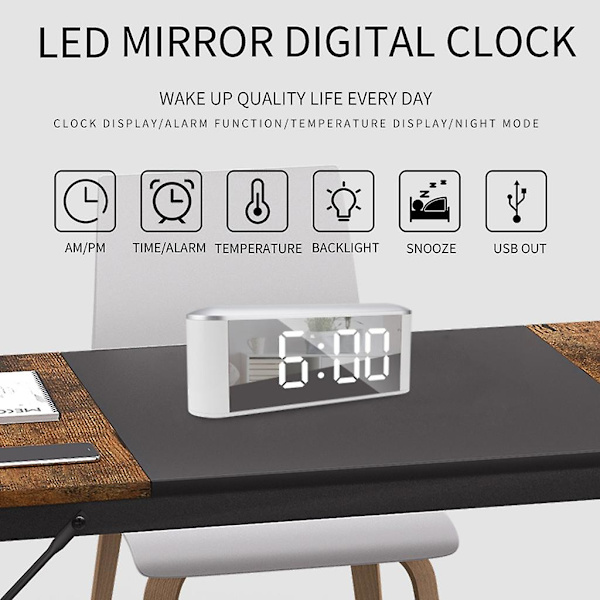 Led Mirror Väckarklocka 12/24 Hour 3 Level Light Födelsedag Festival Present White