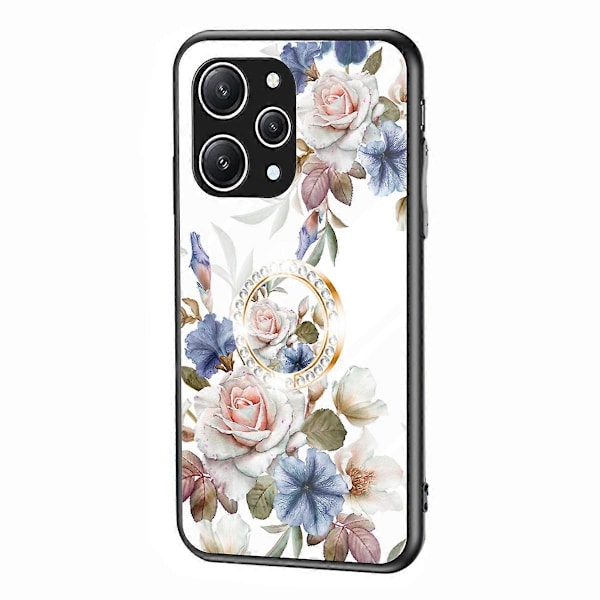 Blommönstrad Ringstativ Fodral för Xiaomi Redmi 12 4G Härdat Glas+PC+TPU Telefonskal Multicolor Style A