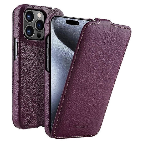 MELKCO Fodral till iPhone 15 Pro Litchi Textur Vertikal Flip Äkta Ko Läder+PC Skal Multicolor Style E