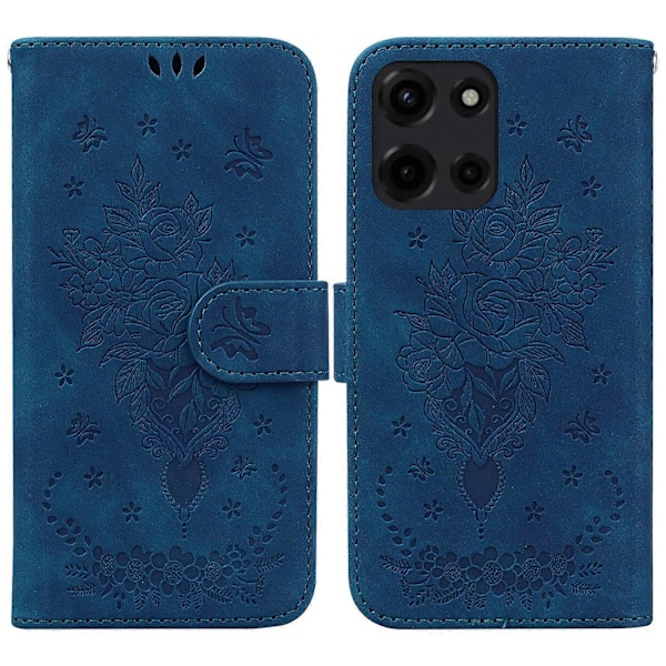 Til Motorola Moto G Power (2025) Etui PU Læder Wallet Telefon Cover Sommerfugl Blomster Prægning Multicolor Blue