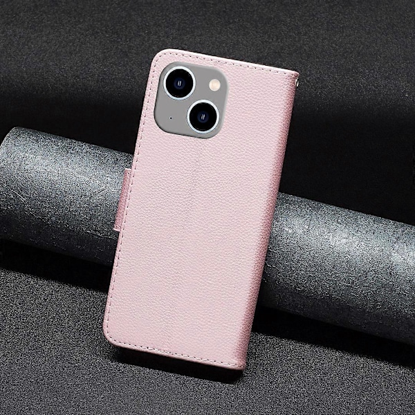 Til iPhone 15 Plus Støvtæt PU Læder Mobiltelefon Cover Wallet Flip Stand Case med Rem Multicolor Style H