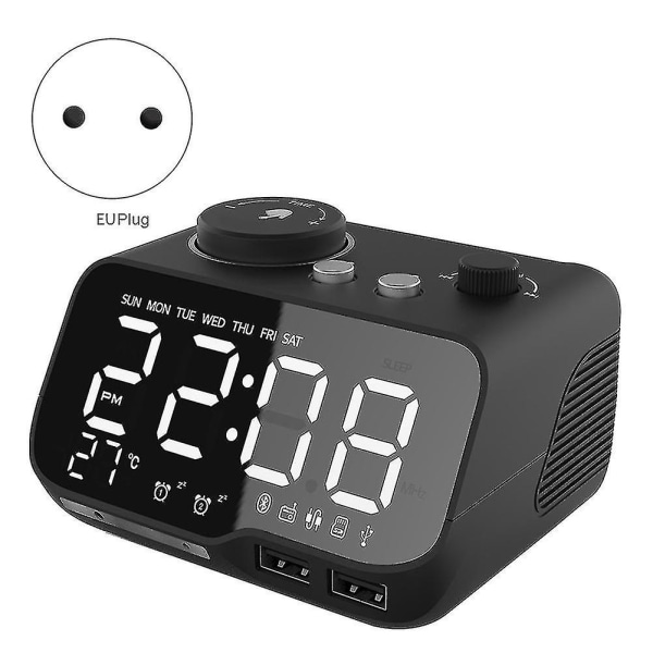 USB Oplader LED Digital Vækkeur med FM Radio, (sort) EU Stik A