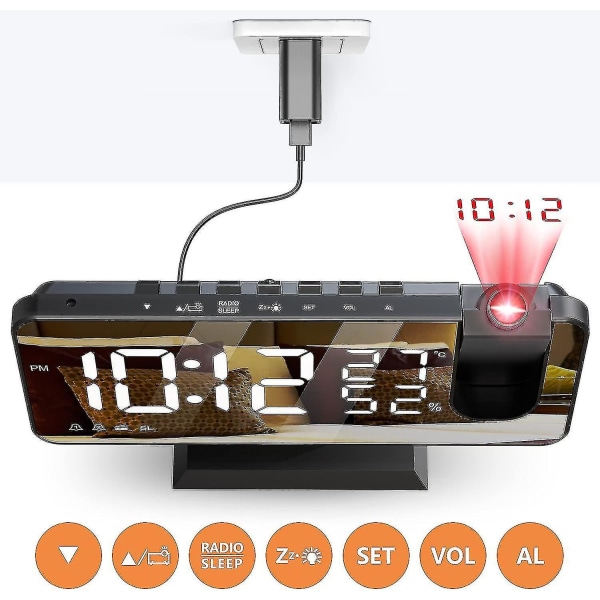 Väckarklocka Projektor Tak Radio Väckarklocka Med Led Spegel Skärm USB Laddningsport Snooze Funktion Dubbel Alarm Digital Klocka För Sovrum, Kök