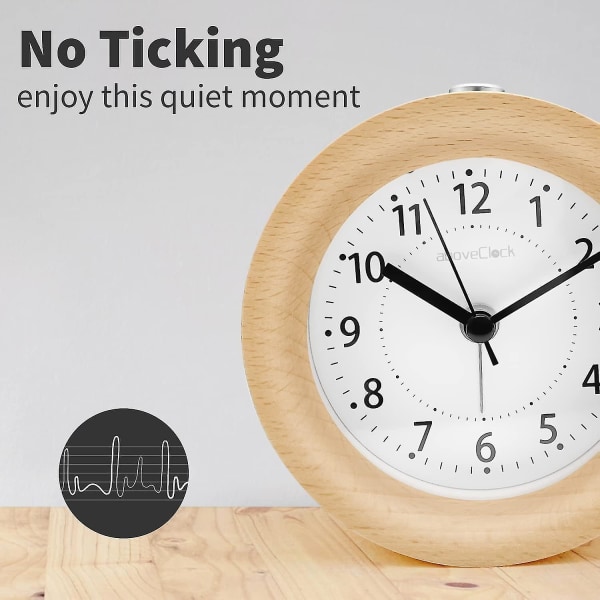 Morgonväckarklocka med snoozeläge Ovanför klockan Nanoväckarklocka Trä Tic-tac-fri analog klassisk nålväckarklocka Nattljus Batteridriven