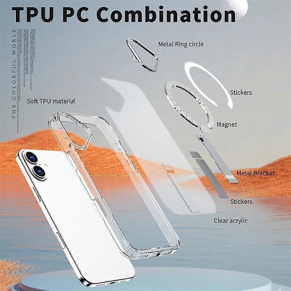iPhone 16 Plus -kotelo, yhteensopiva MagSafe-jalustan kanssa, TPU + akryylipuhelinkuori Multicolor Transparent