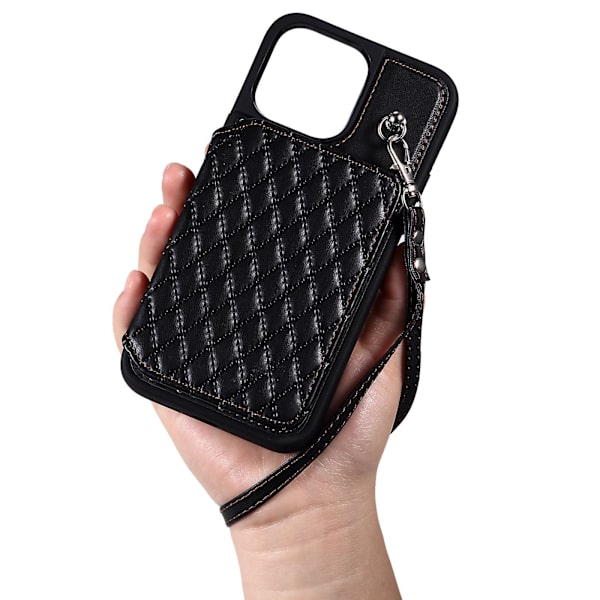 Phone case för Iphone 15 Pro Max Rfid Blocking Pu Läderbelagd TPU-skal med handledsrem Black