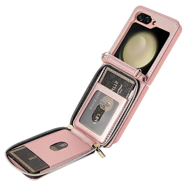 Til Samsung Galaxy Z Flip5 5G Etui Læder+PC Lynlås Telefon Cover med Håndledsrem Multicolor Style A