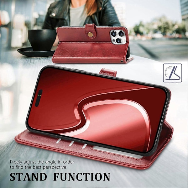 Læder telefoncover med pung, stativ og håndledsrem til iPhone 16 Pro Max - Grøn Multicolor Red