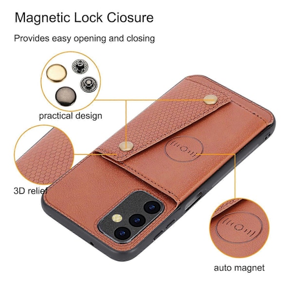 Samsung Galaxy A55 5G -kotelo, korttipaikat, magneettiset napit, PU-nahka + TPU-puhelimen jalustakotelo Multicolor Light Brown