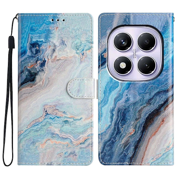 Pung etui i PU-læder med mønstertryk og stativ til Xiaomi Redmi Note 14 Pro 4G med rem Multicolor Blue Marble
