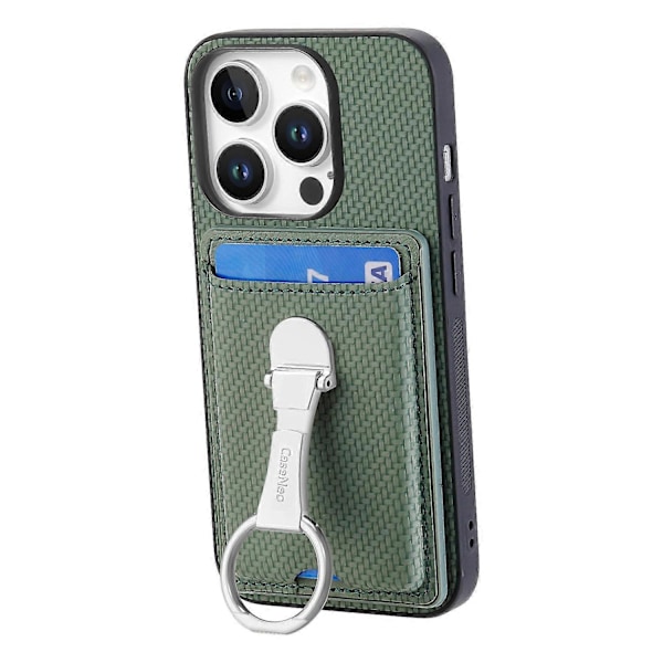C1-9 Etui til iPhone 16 Pro Max med Støttefod, Læder, Kortlommer, Bagcover med Kulfibertekstur- Multicolor Green