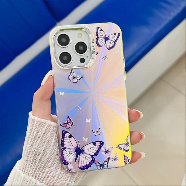 Laser sommerfuglemønster anti-ridse TPU+PC telefoncover til iPhone 15 Pro Max Multicolor Style C